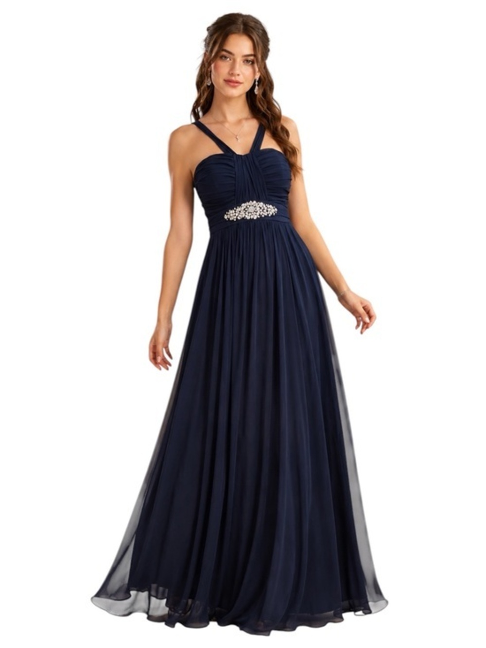 B. Darlin Navy Chiffon Embellished Empire Waist Maxi Dress Formal Gown 1/2 XS